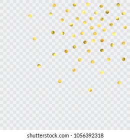 Round gold confetti. Glow vector celebrate background. Watercolor golden sparkles and dots. Explosion backdrop. Christmas party invitation card template. Falling gold confetti. Glitter background. 