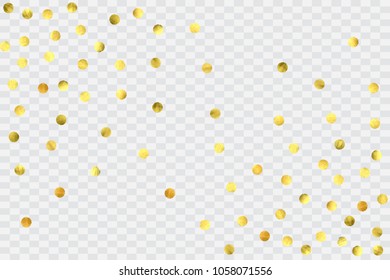 Round gold confetti. Glow vector celebrate background. Golden sparkles and dots on transparent backdrop. Luxury invitation card template. Falling gold confetti. Glitter background. 