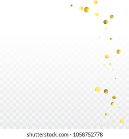 Round gold confetti. Glow vector celebrate background. Golden sparkles and dots on transparent backdrop. Luxury invitation card template. Falling gold confetti. Glitter background. 