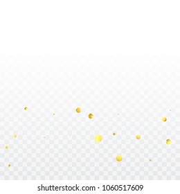 Round gold confetti. Glow vector celebrate background. Watercolor golden sparkles and dots. Explosion backdrop. Christmas party invitation card template. Falling gold confetti. Glitter background. 