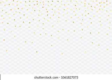Round gold confetti. Glow vector celebrate background. Watercolor golden sparkles and dots. Voucher backdrop. Christmas party invitation card template. Falling gold confetti. Glitter background. 