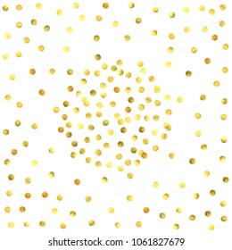 Round gold confetti. Glow vector celebrate background. Golden sparkles and dots on white backdrop. Christmas party invitation card template. Falling gold confetti. Glitter background. 