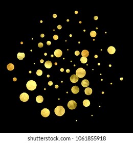 Round gold confetti. Glow vector celebrate background. Watercolor golden sparkles and dots. Voucher backdrop. Luxury invitation card template. Falling gold confetti. Glitter background. 