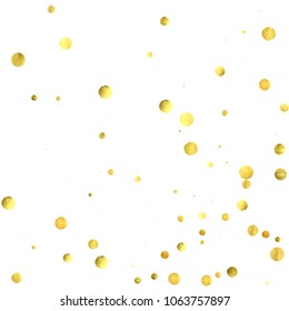 Round gold confetti. Glow vector celebrate background. Watercolor golden sparkles and dots. Explosion backdrop. Luxury invitation card template. Falling gold confetti. Glitter background. 