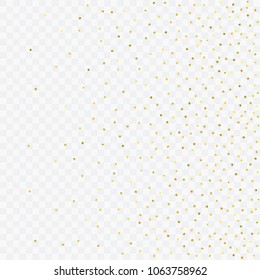 Round gold confetti. Glow vector celebrate background. Golden sparkles and dots on transparent backdrop. Christmas party invitation card template. Falling gold confetti. Glitter background. 