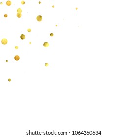 Round gold confetti. Glow vector celebrate background. Watercolor golden sparkles and dots. Explosion backdrop. Christmas party invitation card template. Falling gold confetti. Glitter background. 