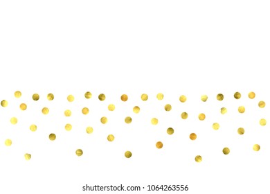 Round gold confetti. Glow vector celebrate background. Golden sparkles and dots on white backdrop. Luxury invitation card template. Falling gold confetti. Glitter background. 