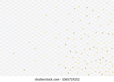 Round gold confetti. Glow vector celebrate background. Golden sparkles and dots on transparent backdrop. Christmas party invitation card template. Falling gold confetti. Glitter background. 