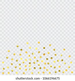Round gold confetti. Glow vector celebrate background. Watercolor golden sparkles and dots. Explosion backdrop. Luxury invitation card template. Falling gold confetti. Glitter background. 