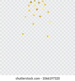 Round gold confetti. Glow vector celebrate background. Watercolor golden sparkles and dots. Explosion backdrop. Christmas party invitation card template. Falling gold confetti. Glitter background. 