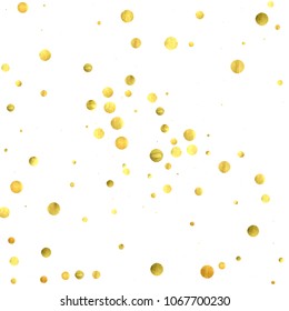 Round gold confetti. Glow vector celebrate background. Watercolor golden sparkles and dots. Explosion backdrop. Luxury invitation card template. Falling gold confetti. Glitter background. 