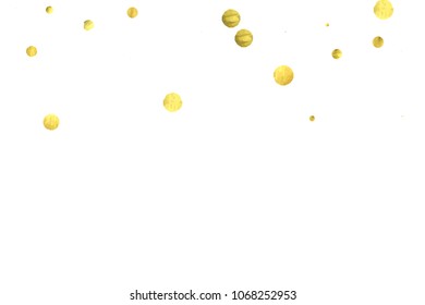 Round gold confetti. Glow vector celebrate background. Watercolor golden sparkles and dots. Voucher backdrop. Luxury invitation card template. Falling gold confetti. Glitter background. 