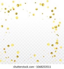 Round gold confetti. Glow vector celebrate background. Watercolor golden sparkles and dots. Explosion backdrop. Luxury invitation card template. Falling gold confetti. Glitter background. 