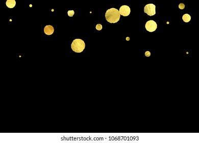Round gold confetti. Glow vector celebrate background. Golden sparkles and dots on black backdrop. Luxury invitation card template. Falling gold confetti. Glitter background. 