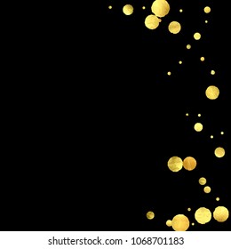 Round gold confetti. Glow vector celebrate background. Watercolor golden sparkles and dots. Voucher backdrop. Luxury invitation card template. Falling gold confetti. Glitter background. 