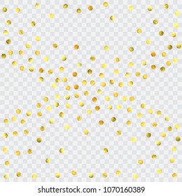 Round gold confetti. Glow vector celebrate background. Watercolor golden sparkles and dots. Voucher backdrop. Christmas party invitation card template. Falling gold confetti. Glitter background. 