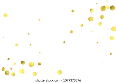 Round gold confetti. Glow vector celebrate background. Watercolor golden sparkles and dots. Explosion backdrop. Luxury invitation card template. Falling gold confetti. Glitter background. 