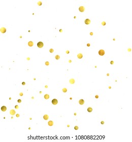 Round gold confetti. Glow vector celebrate background. Watercolor golden sparkles and dots. Explosion backdrop. Luxury invitation card template. Falling gold confetti. Glitter background. 