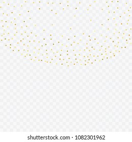 Round gold confetti. Glow vector celebrate background. Golden sparkles and dots on transparent backdrop. Luxury invitation card template. Falling gold confetti. Glitter background. 