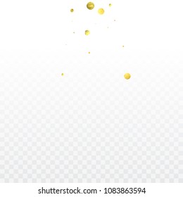 Round gold confetti on transparent background. Glitter vector celebrate background. Explosion backdrop. Christmas party invitation card template. Falling gold confetti. 