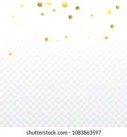 Round gold confetti on transparent background. Glitter vector celebrate background. Explosion backdrop. Christmas party invitation card template. Falling gold confetti. 