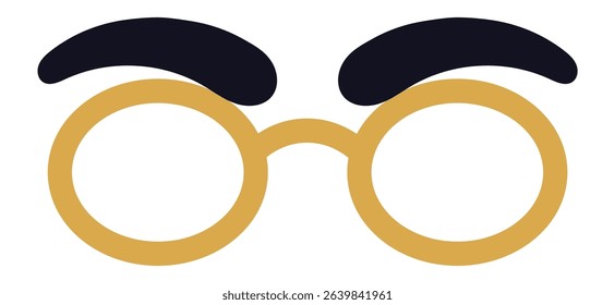 Round gold eyeglasses featuring thick black eyebrows create a humorous expression, evoking surprise or confusion against a clean, isolated white background