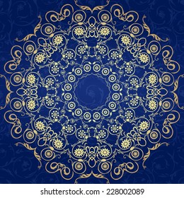 Round gold floral frame on blue background.