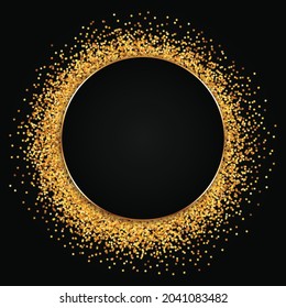 round gold frame with black banner on dark background