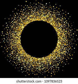 Round gold frame or border with glitter particles effect. Golden dust sparkling texture. Use for banner, greeting and Christmas card, postcard, wedding invitation. Vector illustration.