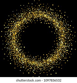 Round gold frame or border with glitter particles effect. Golden dust sparkling texture. Use for banner, greeting and Christmas card, postcard, wedding invitation. Vector illustration.