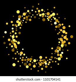 Round gold frame or border with glitter particles effect. Golden dust sparkling texture. Use for banner, greeting and Christmas card, postcard, wedding invitation. Vector illustration.