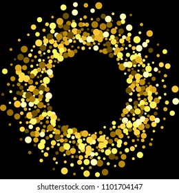 Round gold frame or border with glitter particles effect. Golden dust sparkling texture. Use for banner, greeting and Christmas card, postcard, wedding invitation. Vector illustration.