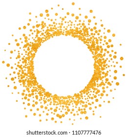 Round gold frame or border with glitter particles effect. Golden dust sparkling texture. Use for banner, greeting and Christmas card, postcard, wedding invitation. Vector illustration.