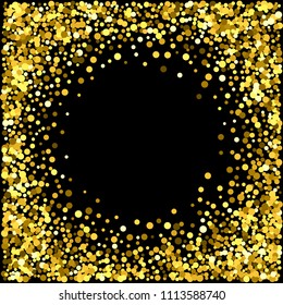 Round gold frame or border with glitter particles effect. Golden dust sparkling texture. Use for banner, greeting and Christmas card, postcard, wedding invitation. Vector illustration.