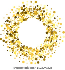 Round gold frame or border with glitter particles effect. Golden dust sparkling texture. Use for banner, greeting and Christmas card, postcard, wedding invitation. Vector illustration.