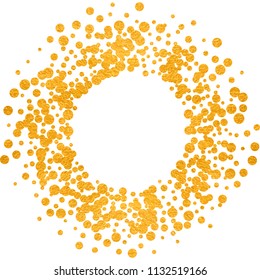 Round gold frame or border with glitter particles effect. Golden dust sparkling texture. Use for banner, greeting and Christmas card, postcard, wedding invitation. Vector illustration.