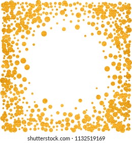 Round gold frame or border with glitter particles effect. Golden dust sparkling texture. Use for banner, greeting and Christmas card, postcard, wedding invitation. Vector illustration.