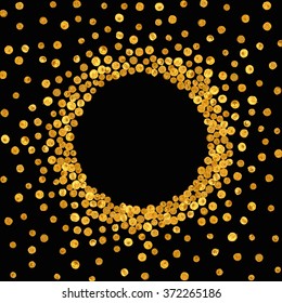 Round gold frame or border on black background. Pattern of golden acrylic confetti. Design element for festive banner, card, invitation, label, postcard, vignette. Vector illustration.