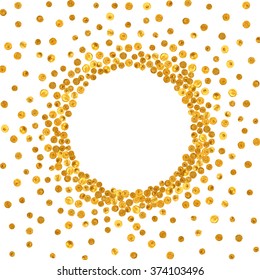 Round gold frame or border on white background. Pattern of golden acrylic confetti. Design element for festive banner, card, invitation, label, postcard, vignette. Vector illustration.