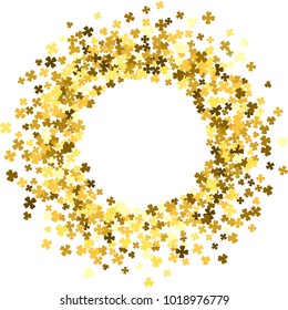 Round gold frame or border of random scatter clover leaves. Elegant St. Patricks day design for festive banner, greeting card, postcard, invitation, flyer, poster. Vector illustration.