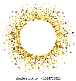 Round gold frame or border of random scatter clover leaves with tails. Elegant St. Patricks day design for festive banner, greeting card, postcard, invitation, flyer, poster. Vector illustration.