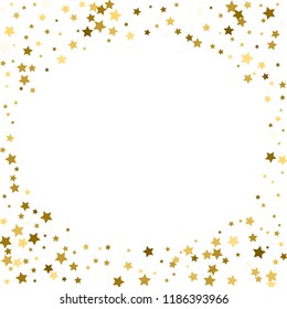Round gold frame or border of random scatter golden stars on white background. Design element for festive banner, birthday and greeting card, postcard, wedding invitation. Vector illustration