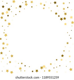 Round gold frame or border of random scatter golden stars on white background. Design element for festive banner, birthday and greeting card, postcard, wedding invitation. Vector illustration