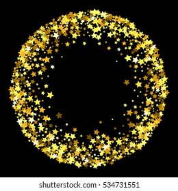 Round gold frame or border of random scatter golden stars on black background. Design element for festive banner, birthday and greeting card, postcard, wedding invitation. Vector illustration