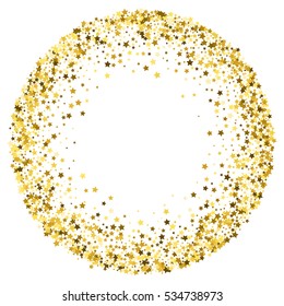 Round gold frame or border of random scatter golden stars on white background. Design element for festive banner, birthday and greeting card, postcard, wedding invitation. Vector illustration