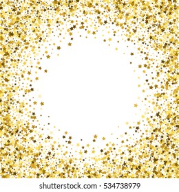 Round gold frame or border of random scatter golden stars on white background. Design element for festive banner, birthday and greeting card, postcard, wedding invitation. Vector illustration