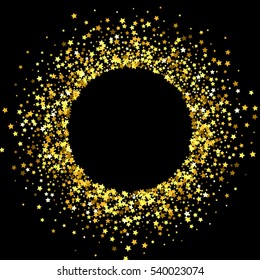 Round gold frame or border of random scatter golden stars on black background. Design element for festive banner, birthday and greeting card, postcard, wedding invitation. Vector illustration.