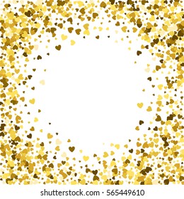 Round gold frame or border of random scatter hearts. Design element for festive banner, greeting card, postcard, wedding invitation, Valentines day and save the date card. Vector illustration.