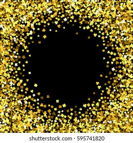 Round gold frame or border of random scatter clover leaves with tails. Elegant St. Patricks day design for festive banner, greeting card, postcard, invitation, flyer, poster. Vector illustration.