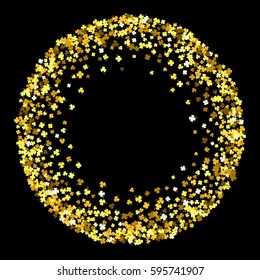 Round gold frame or border of random scatter clover leaves with tails. Elegant St. Patricks day design for festive banner, greeting card, postcard, invitation, flyer, poster. Vector illustration.